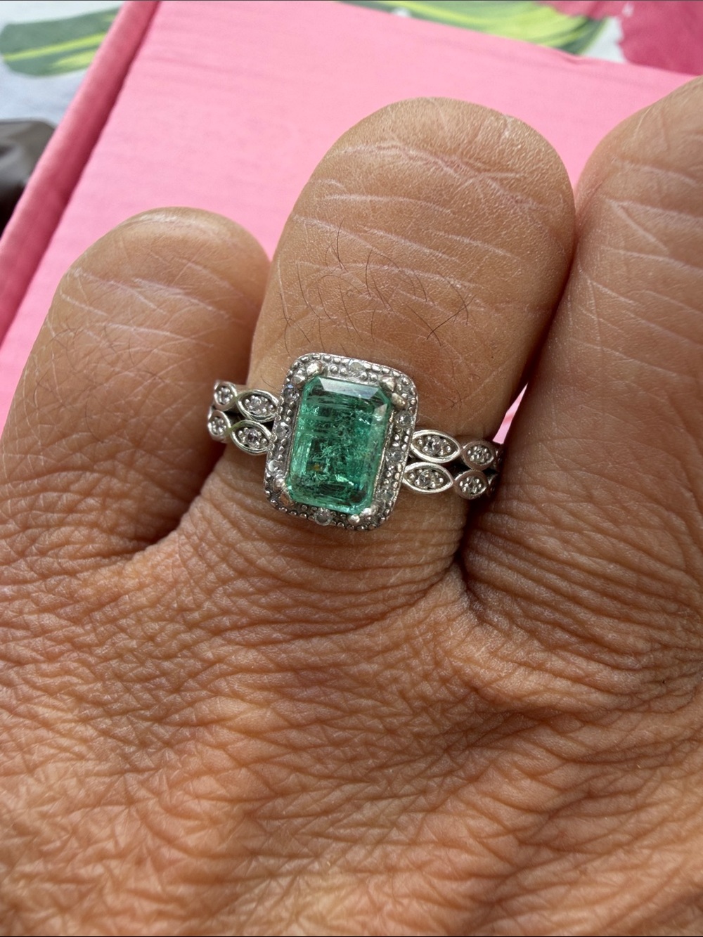 Sterling Silver Emerald-Cut Green Emerald Halo Ring size 7/8 fits